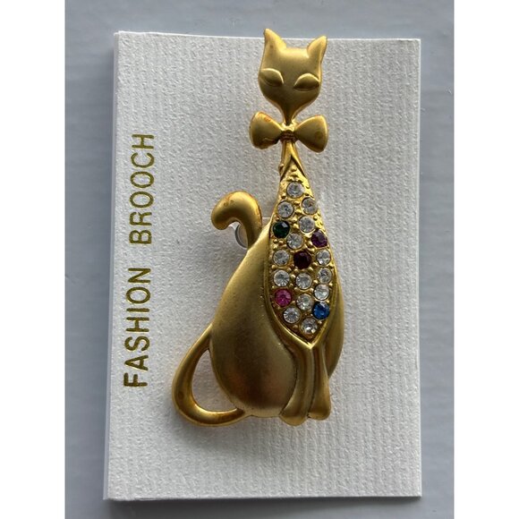 Cat Brooch With Multicolor Rhinestones Gold-Tone Metal Fashion Accessory Made In - Picture 3 of 4